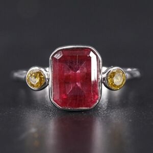14K Gold Rubellite Tourmaline & Yellow Diamond Ring - Artisan Minimalist Fine